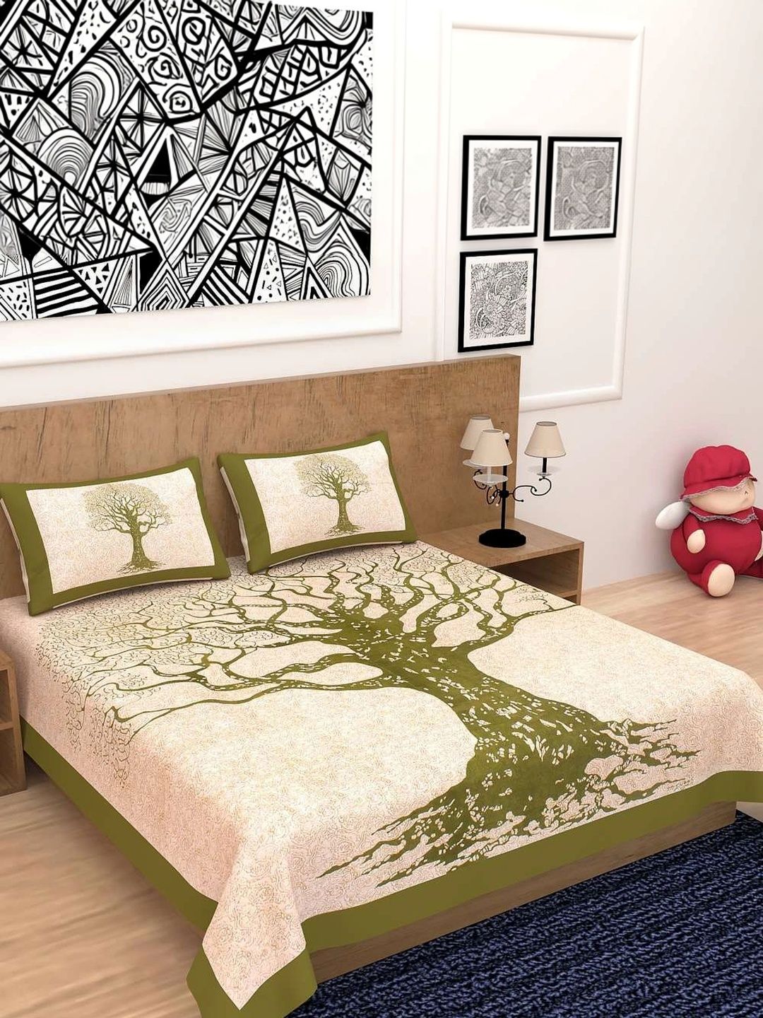 TIMELESS TRENDS Beige & Green Floral 144 TC Queen Bedsheet with 2 Pillow Covers-picture-16