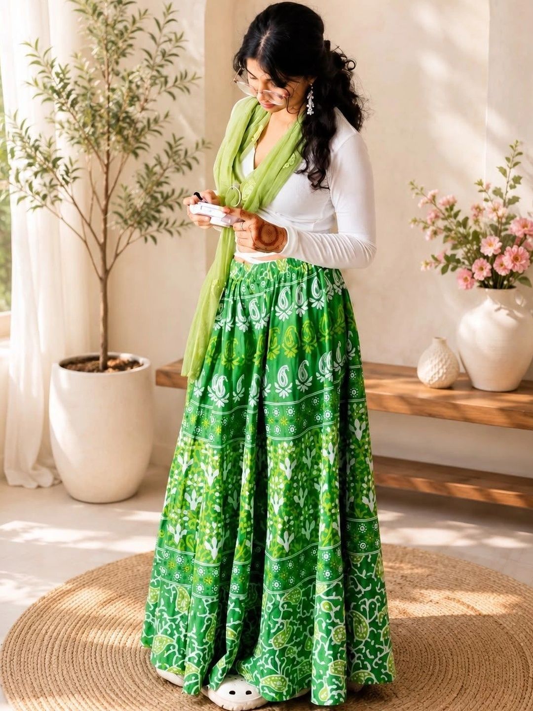 Nuwall Women Cotton Paisley Maxi Flared Skirt-picture-40