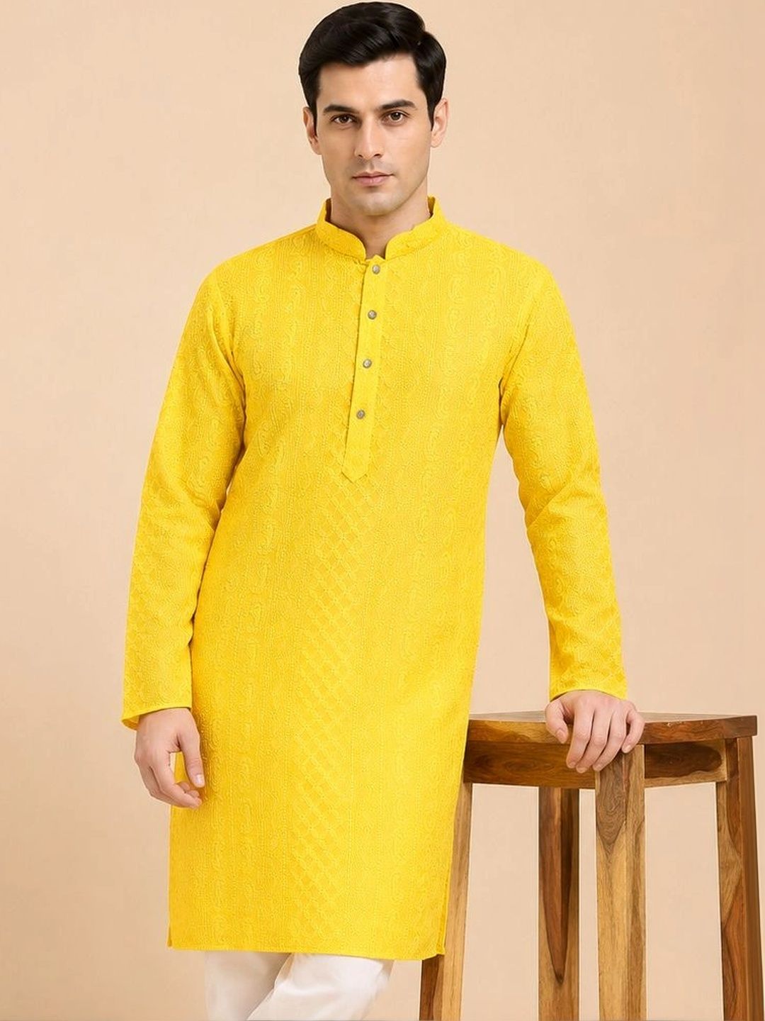 House of Pataudi Men Ethnic Motifs Embroidered Chikankari Georgette Kurta-picture-20