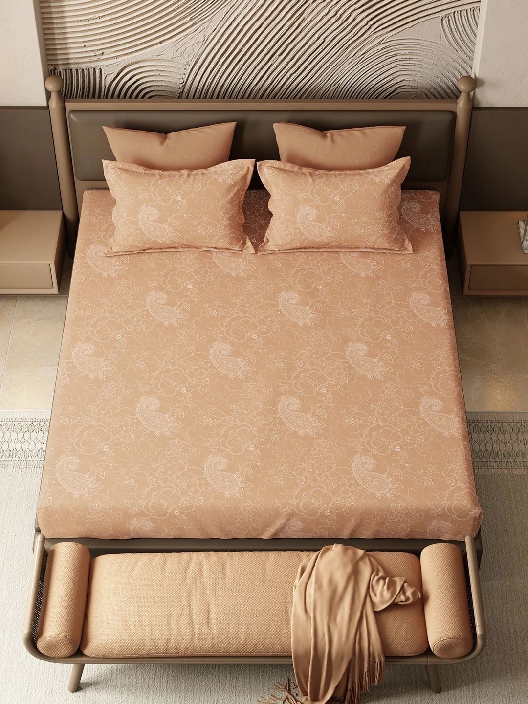 MYTRIDENT Peach-Coloured 144 TC King Bedsheet with 2 Pillow Covers-image-42
