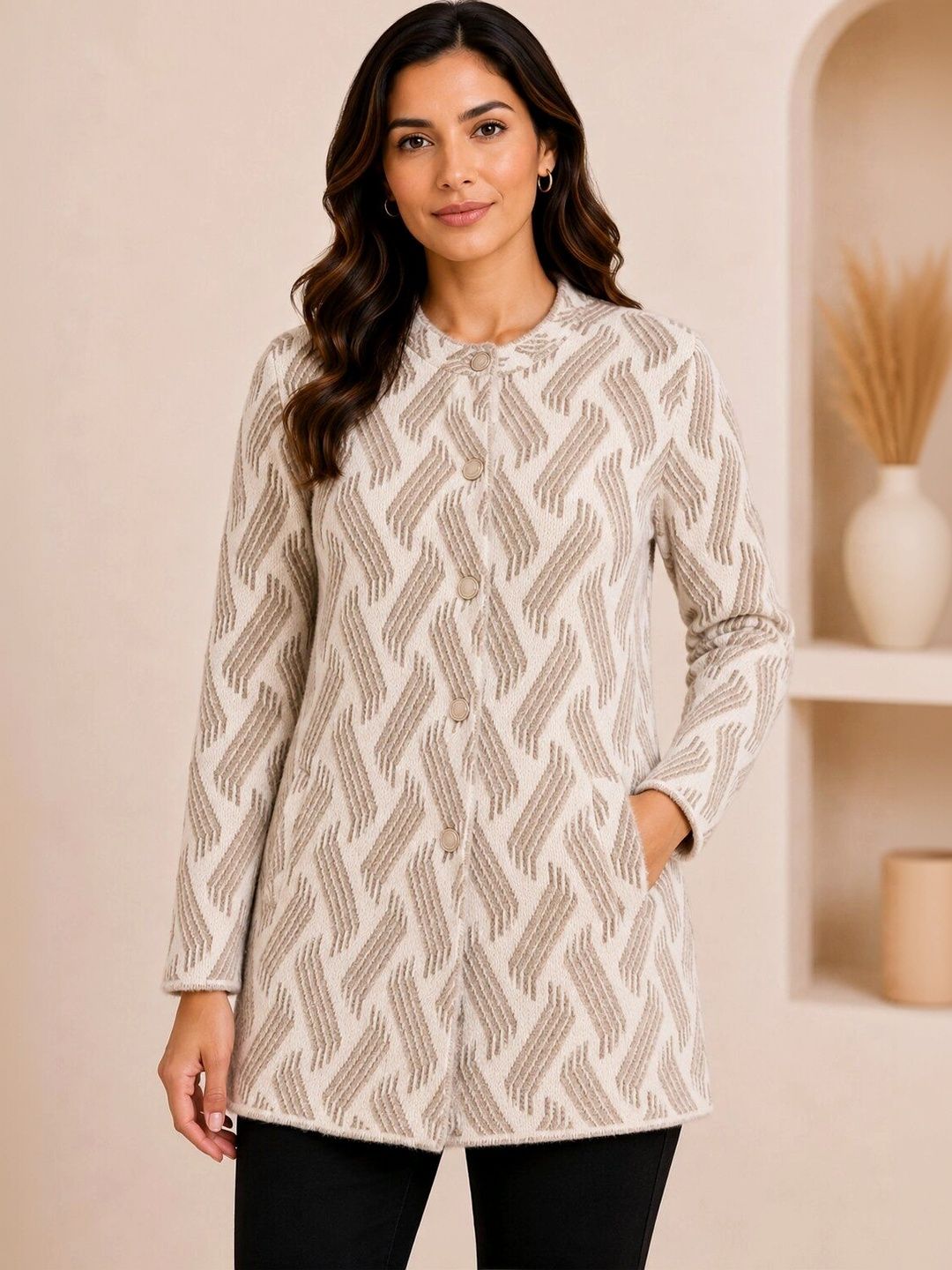 FIRST SLEEP Self Design Woolen Round Neck Single Breasted Long Overcoat-picture-24