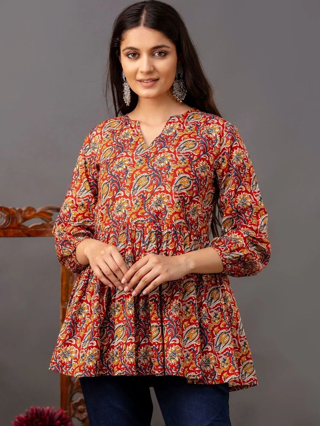 Sangria Floral Print Cotton Peplum Top-image-3