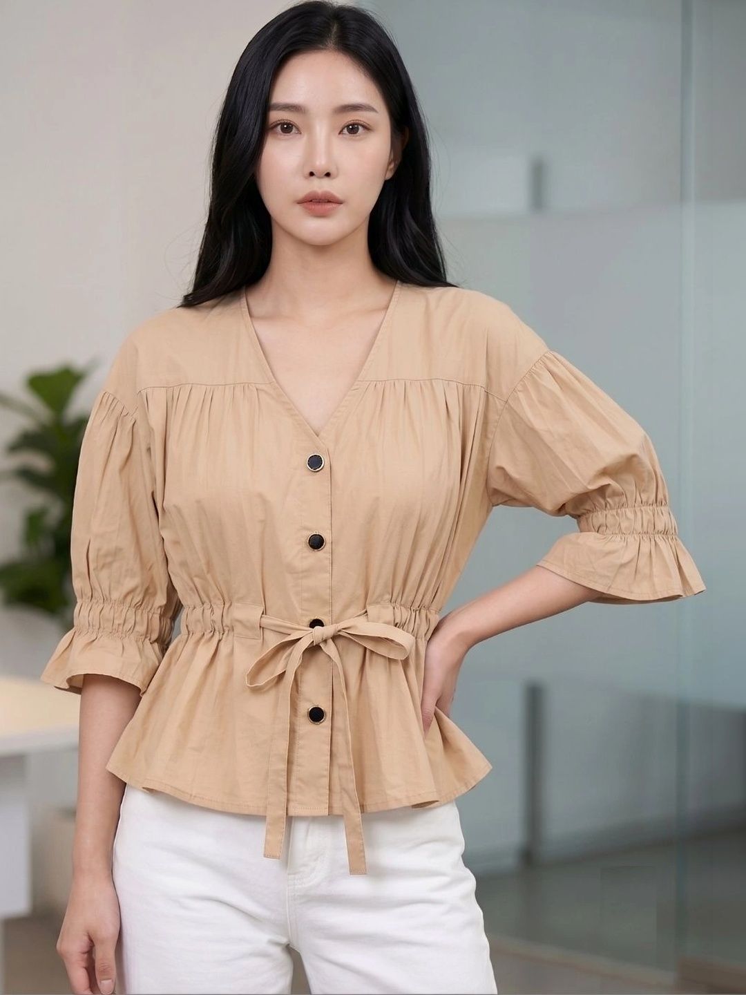 7OUNCE Flared Sleeve Cotton Peplum Top-picture-2