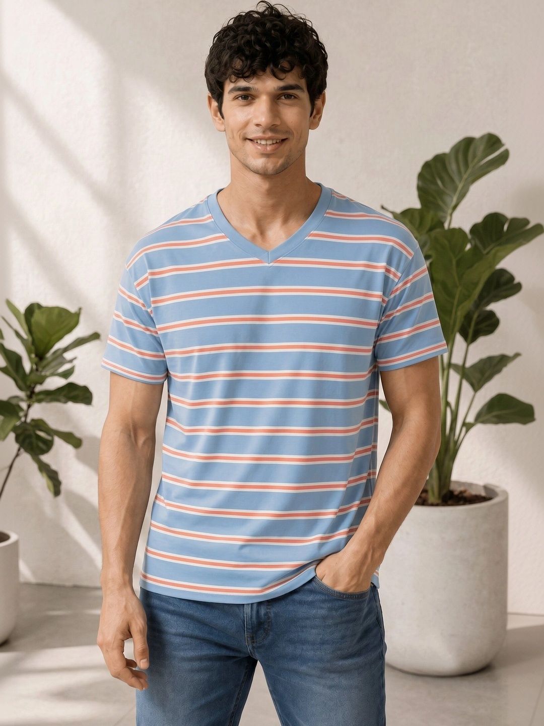 UnaOne Men Striped V-Neck T-shirt-picture-7