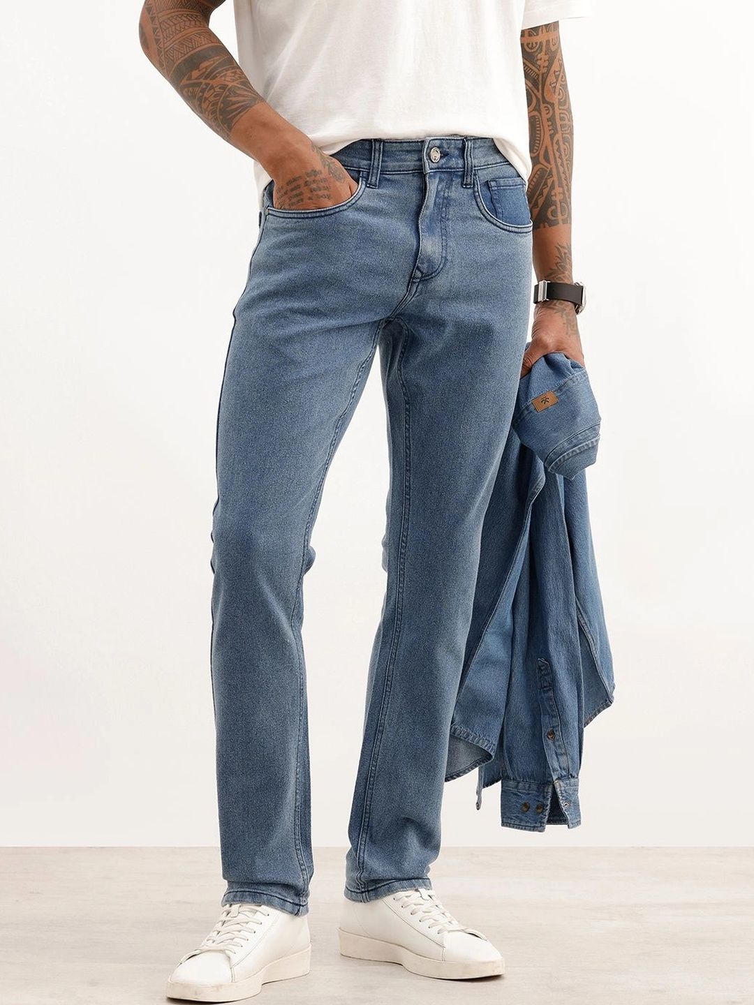 WROGN Men Slim Fit Mid-Rise Light Fade Stretchable Jeans-picture-22