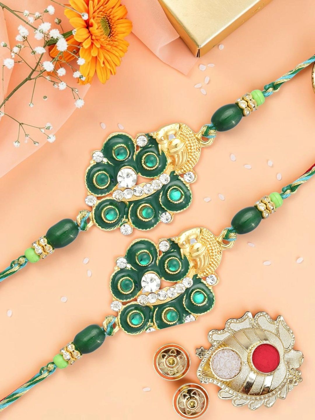 MEIRA JEWELLERY Set Of 2 Gold-Plated Rakhi Gift Set With Decorative Thaali & Greeting Card-picture-41