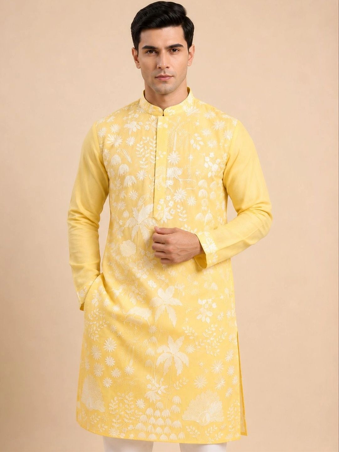 House of Pataudi Men Floral Embroidered Regular Thread Work Kurta with Pyjamas-picture-51