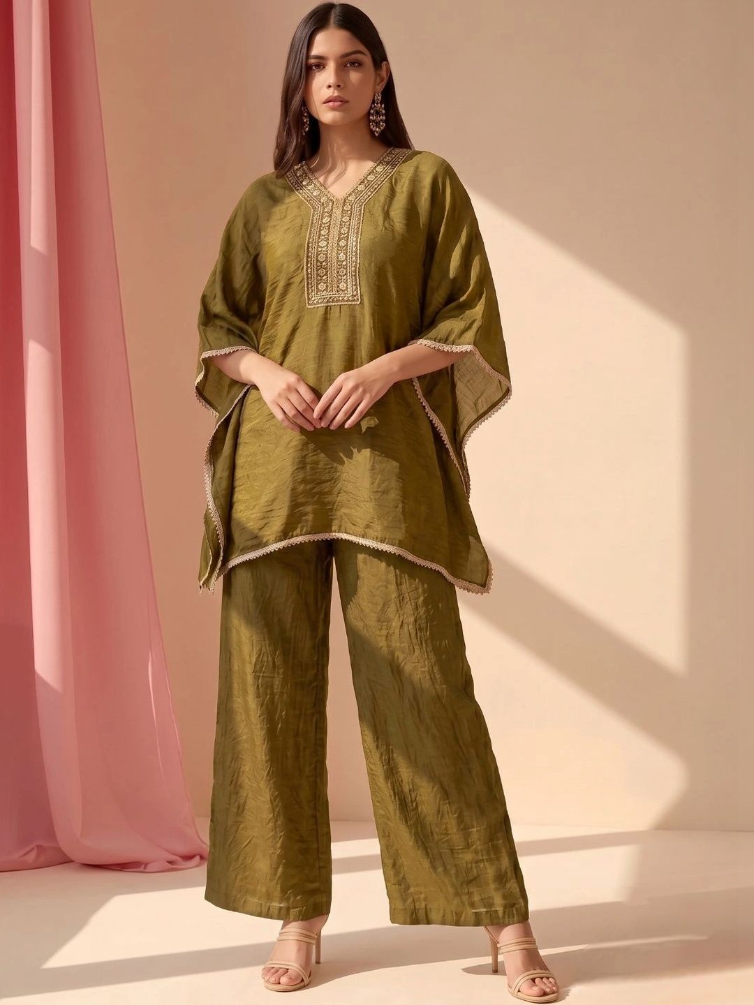 MOKOSH Women Embroidered Regular Sequinned Pure Silk Kurta with Palazzos-picture-47