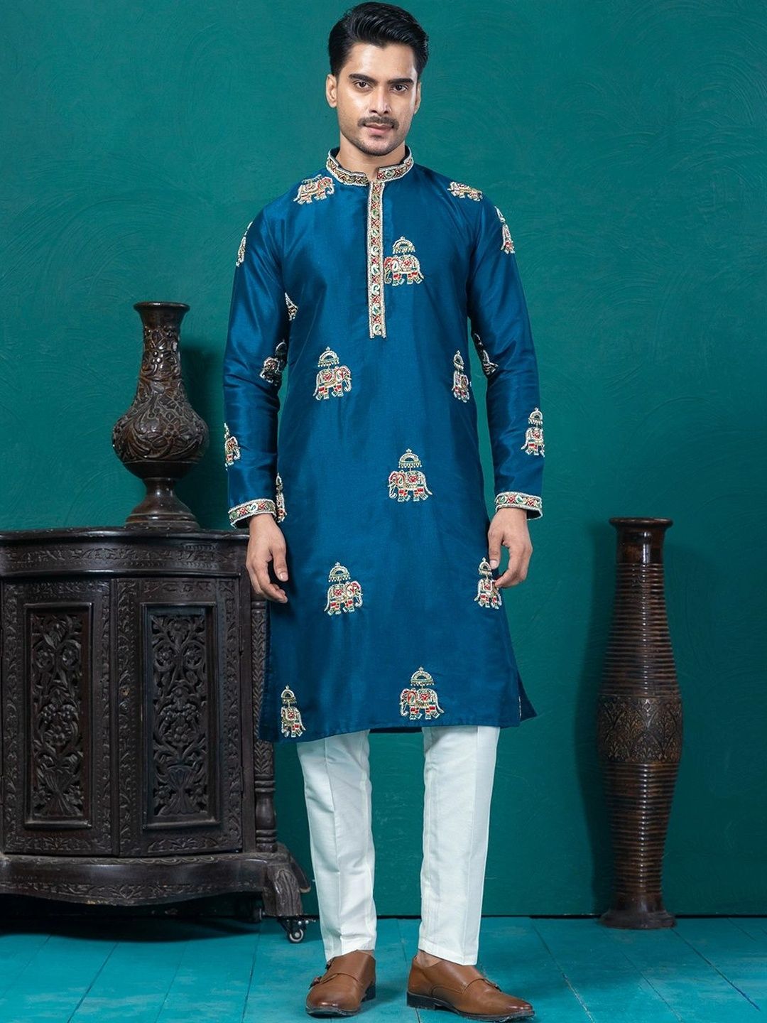 EKYAA Men Ethnic Motifs Sequinned Block Print Kurta-picture-13