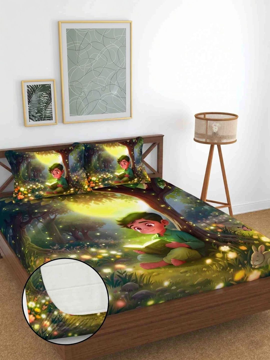 MAA HOME CONCEPT Blue & Green Cartoon Characters 400 TC Bedsheet with 2 Pillow Covers-image-24