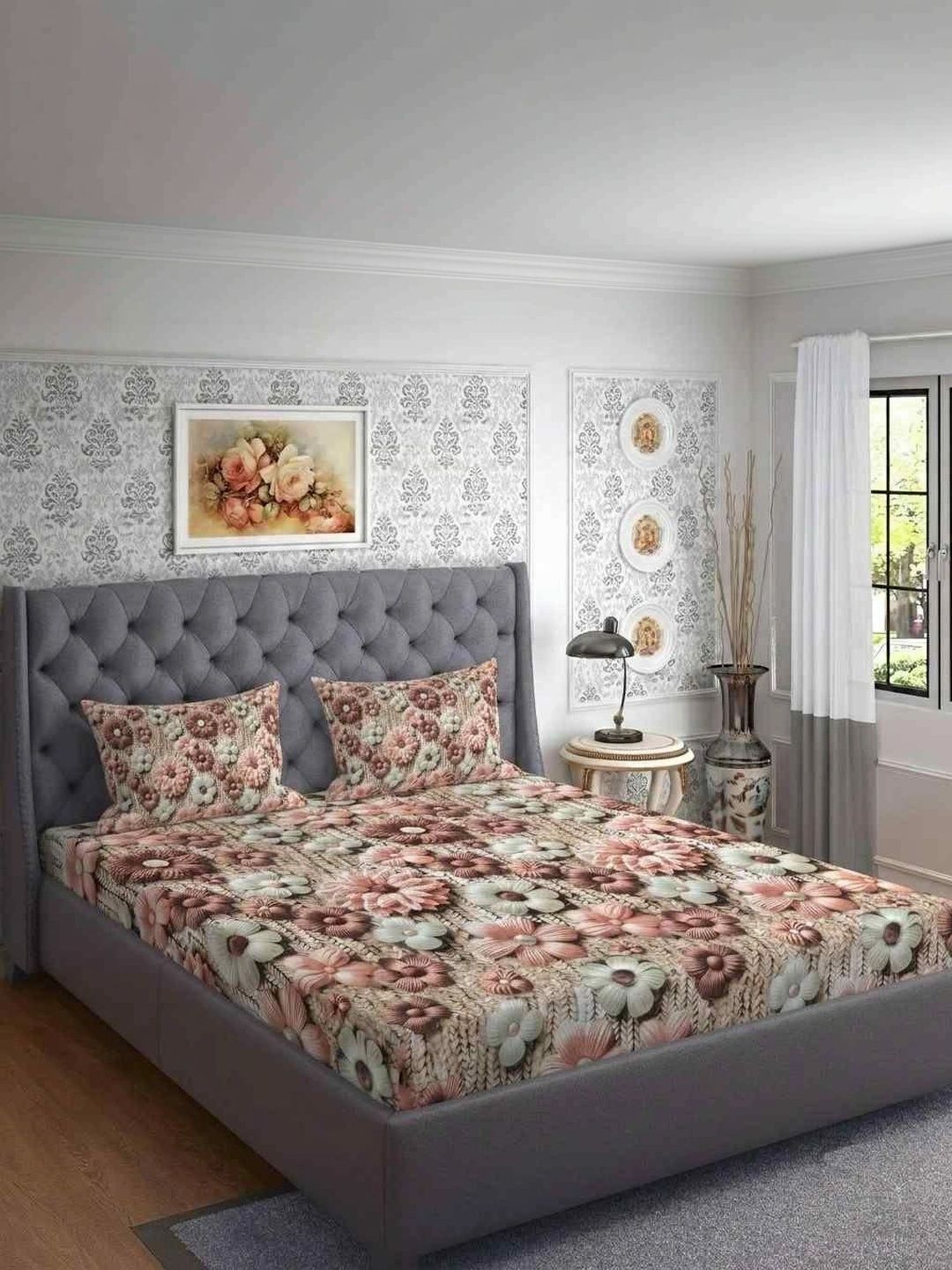 MAA HOME CONCEPT Brown & White Floral 400 TC Bedsheet with 2 Pillow Covers-image-5