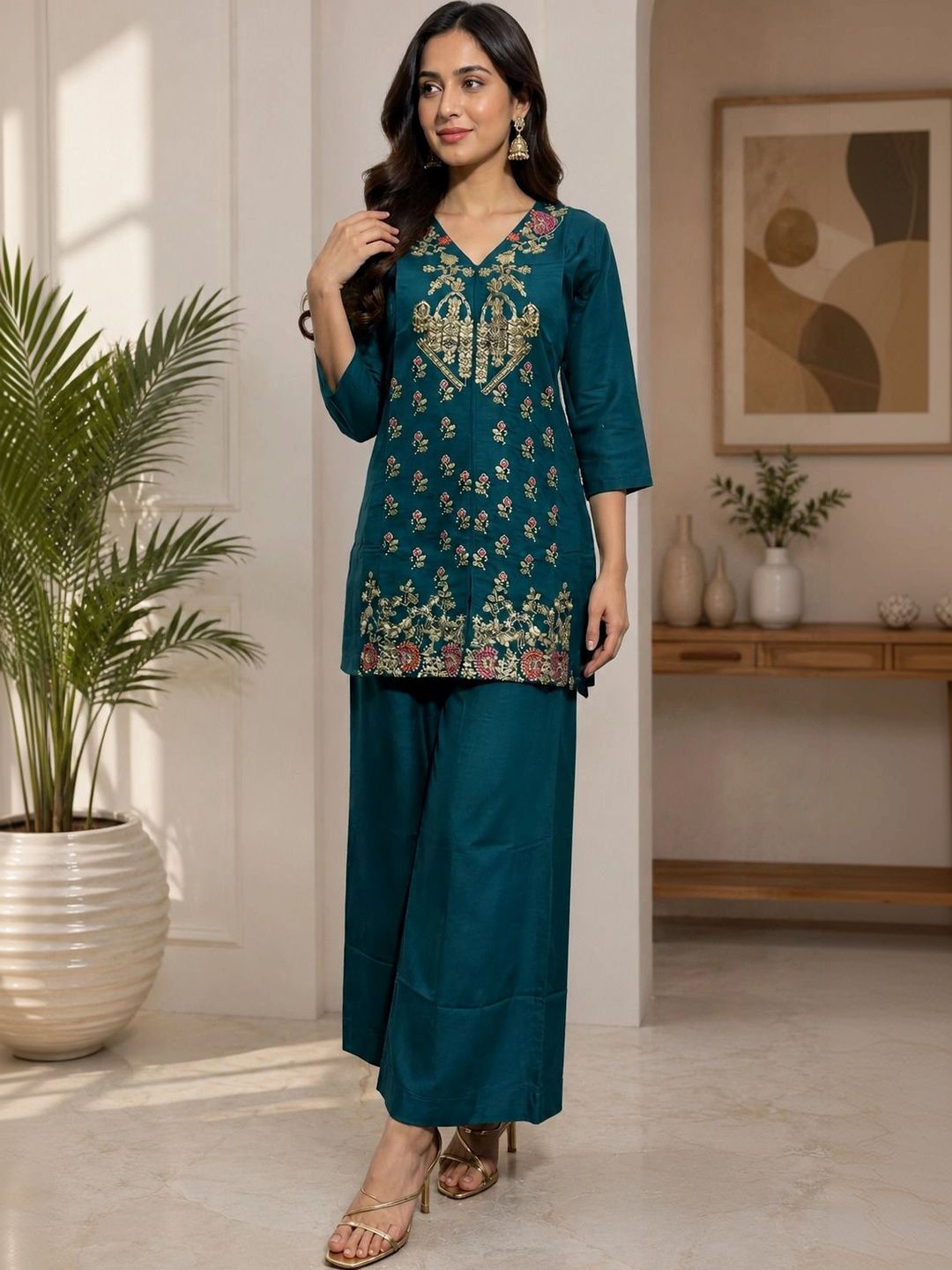 GRINISH Ethnic Motifs Embroidered V-Neck Pure Cotton Kurti-picture-13