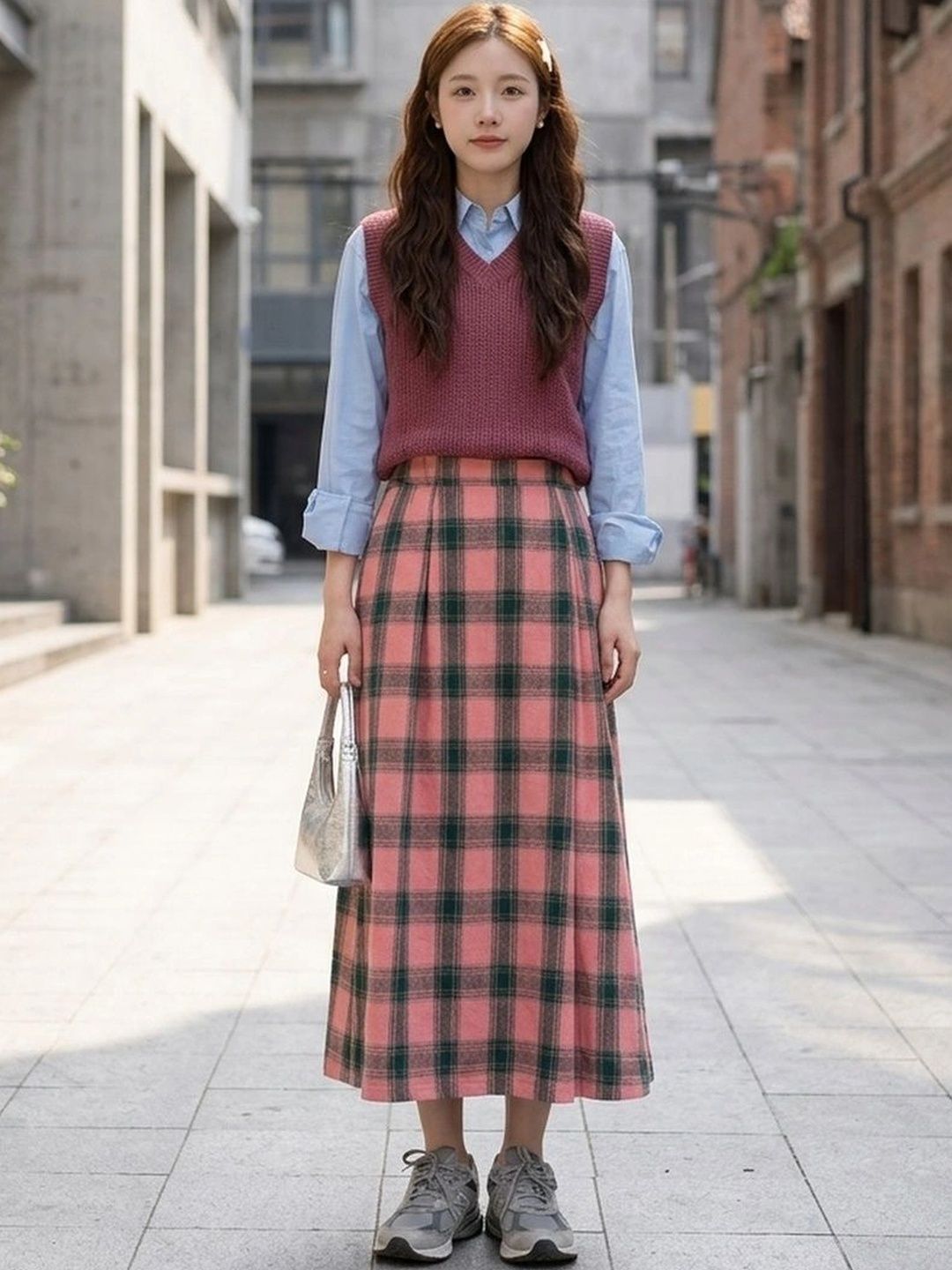 Suo Women Checked Summer Checks Midi A-Line Skirt-picture-43