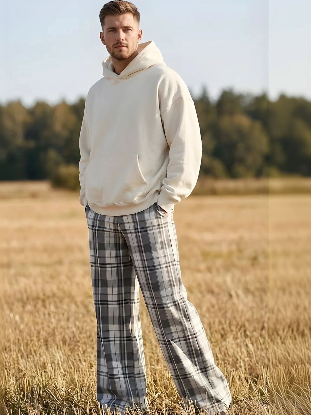D'AVARRIO Men Checked Relaxed Easy Wash Trousers-picture-17