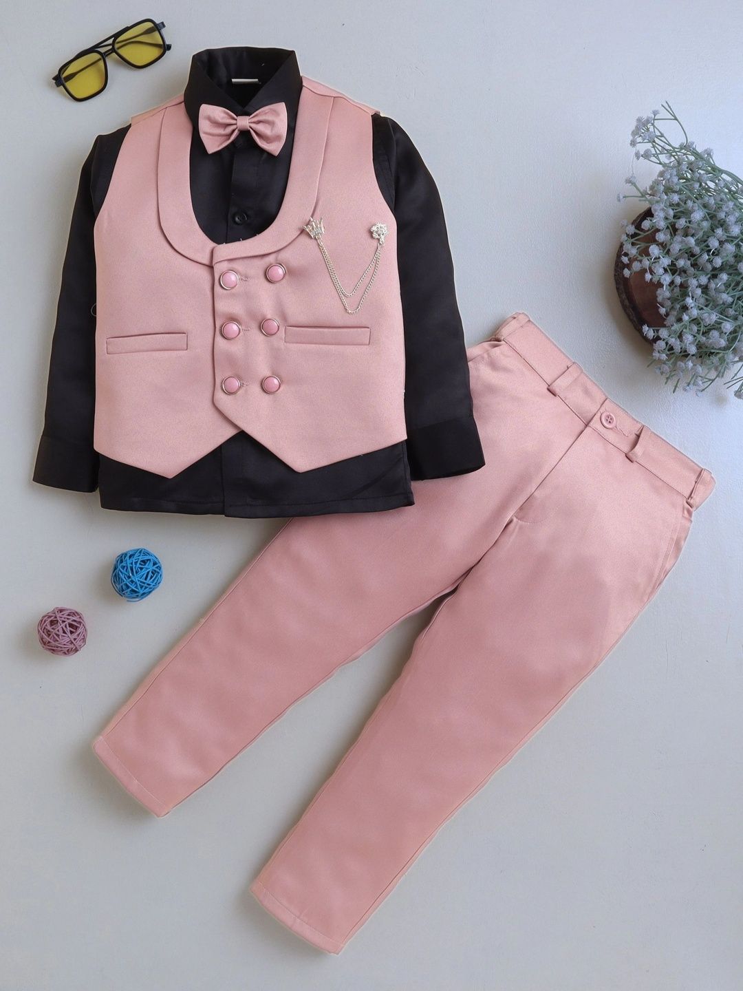 BT DEZINES Boys Shawl Collar Double Breasted 3 Piece Suit Set with Bowtie-picture-29