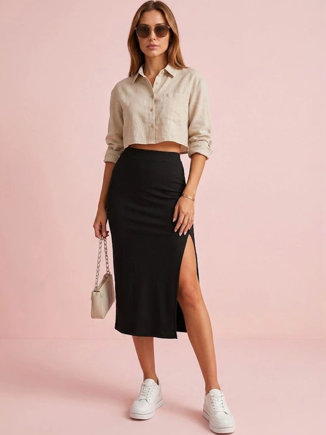 Neon Femme Women Side Slit Midi Straight Skirt-picture-37