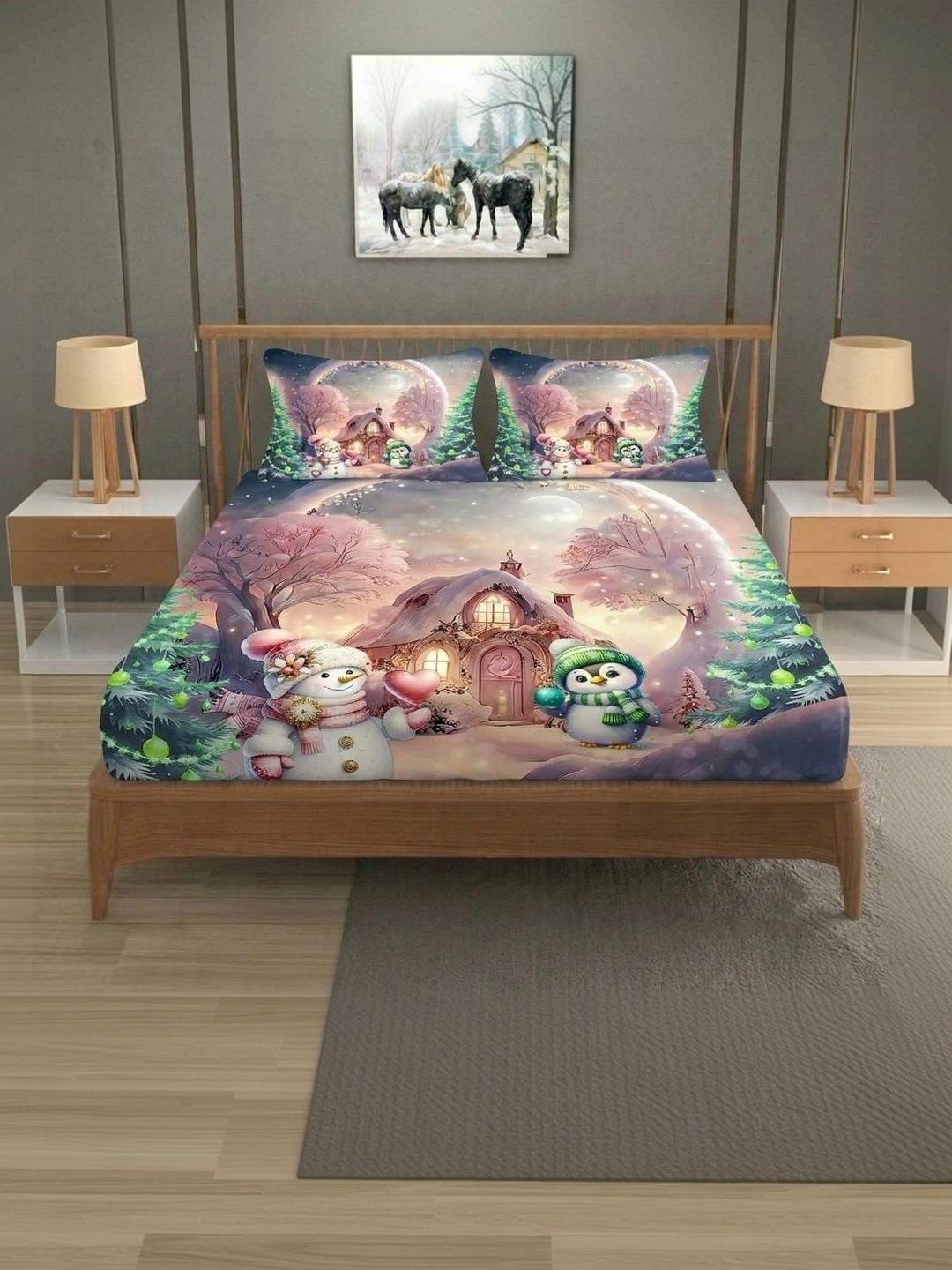 MAA HOME CONCEPT Pink & Green Cartoon Characters 400 TC Bedsheet with 2 Pillow Covers-image-29