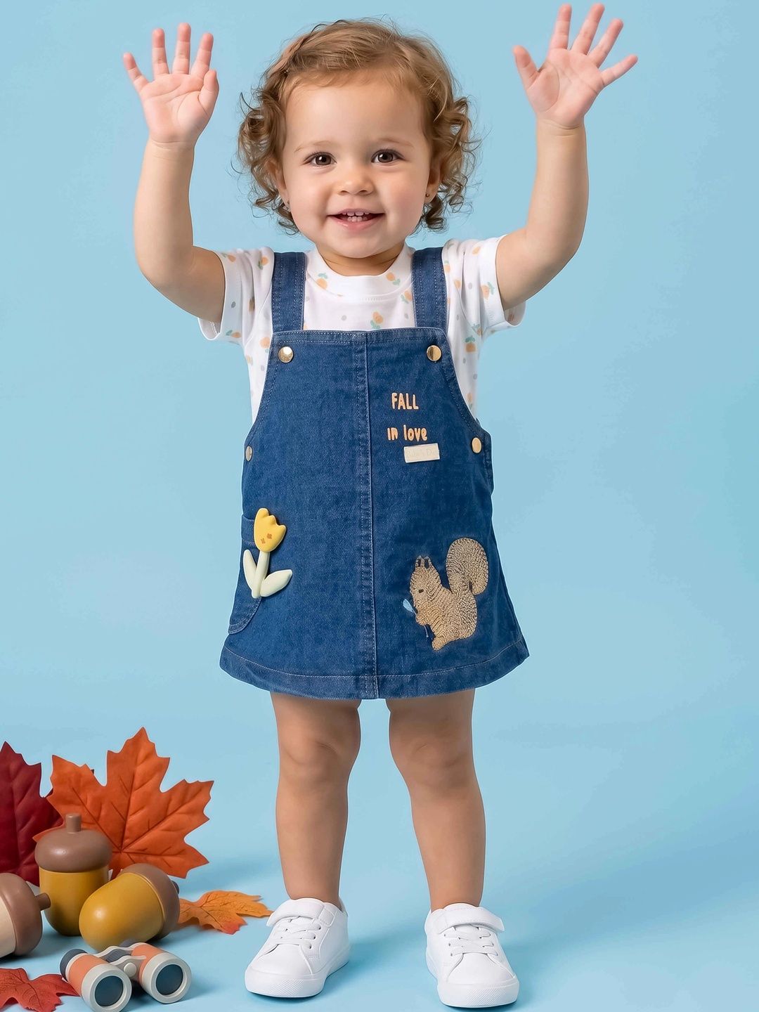 Babys Day Infant Girls Denim Pinafore Dungarees with Printed T-Shirt-image-43