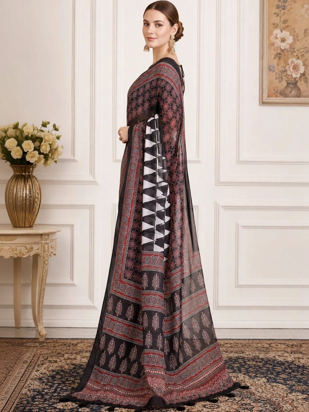 KALINI Women Zari Linen Blend Handloom Block Print Saree-picture-49