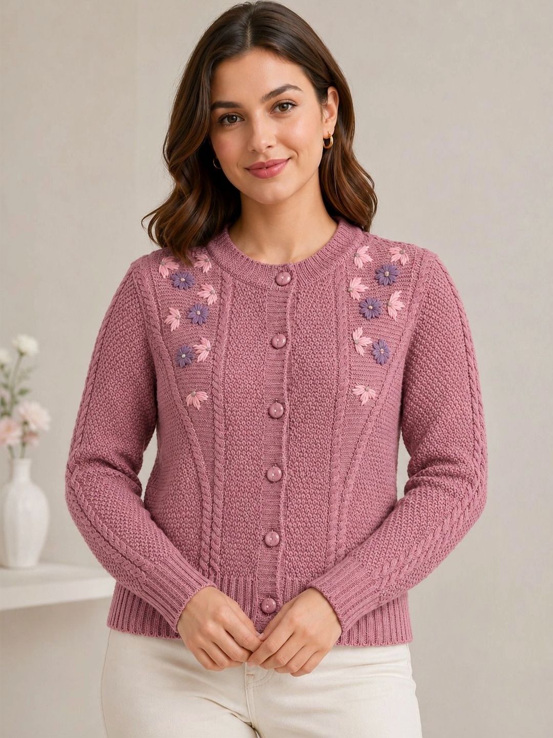 FIRST SLEEP Women Cable Knit Woollen Cardigan with Applique Detail-picture-49