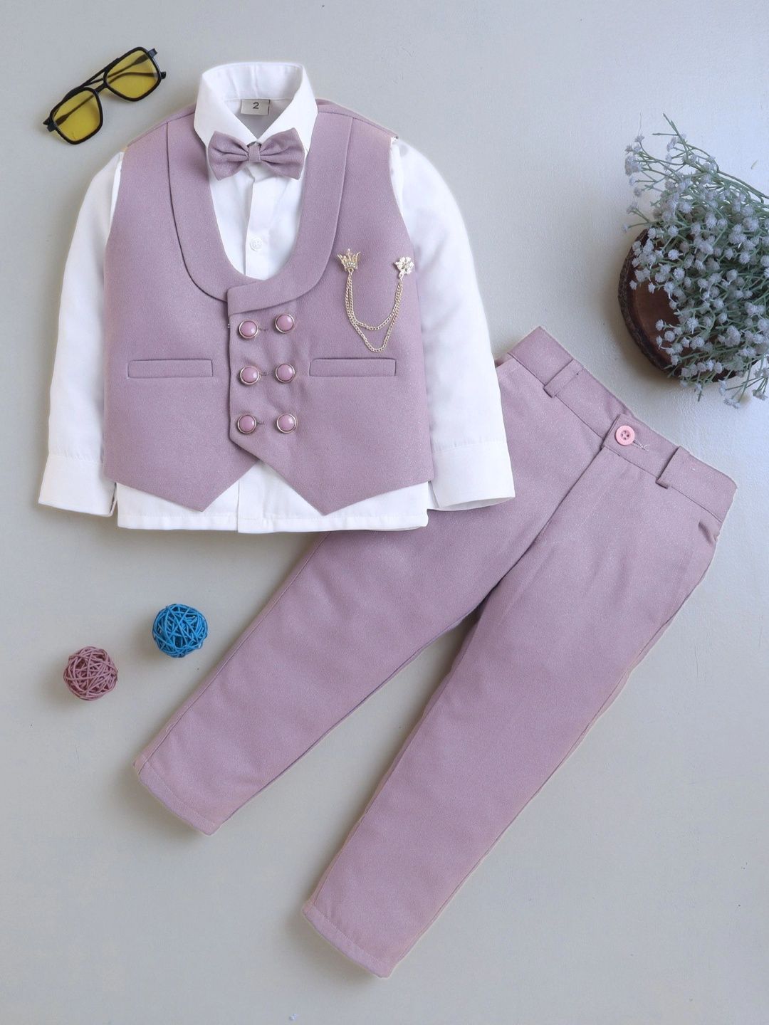 BT DEZINES Boys Shawl Collar Double Breasted 3 Piece Suit Set with Bowtie-picture-32