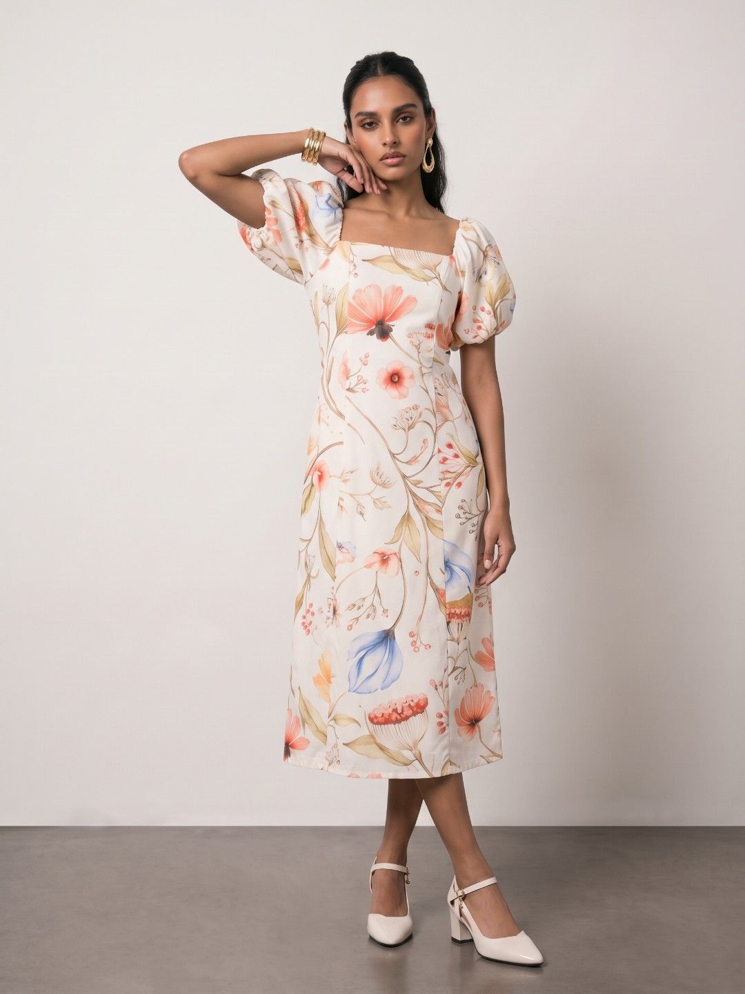 Phosphorus Floral Print Puff Sleeve A-Line Midi Dress-picture-16