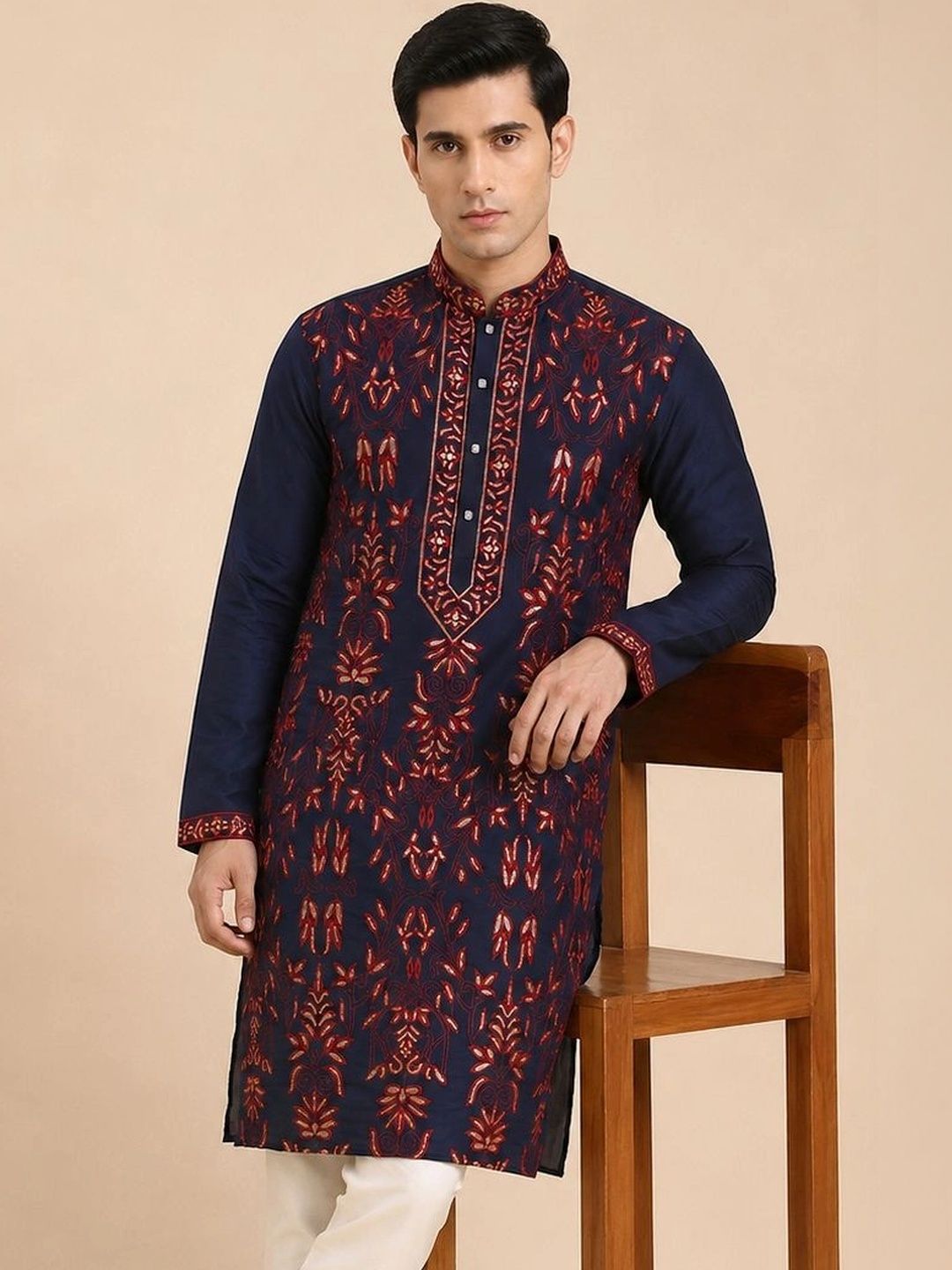 House of Pataudi Men Ethnic Motifs Embroidered Thread Work Kurta-picture-15