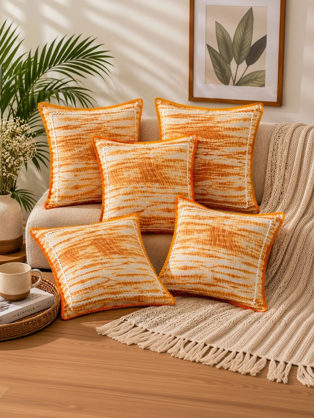 DESI GLAZE Mustard Set of 5 Abstract Square Cushion Covers-picture-28
