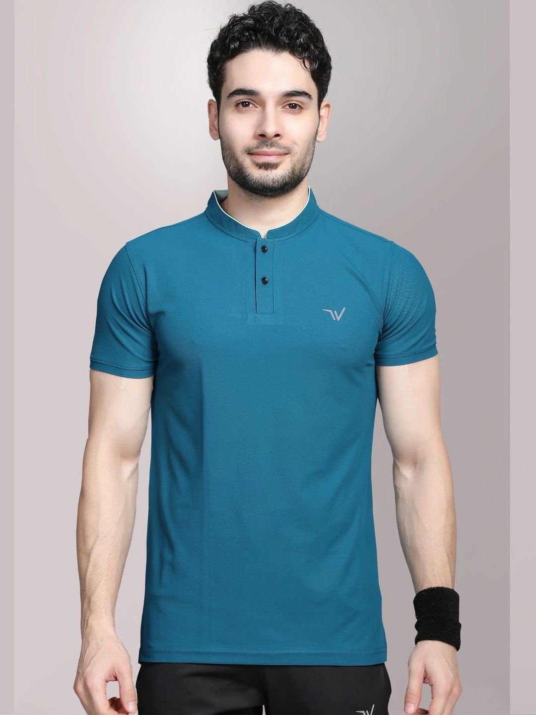 WEWOK Men Brand Logo Mandarin Collar Fusion T-shirt-picture-31