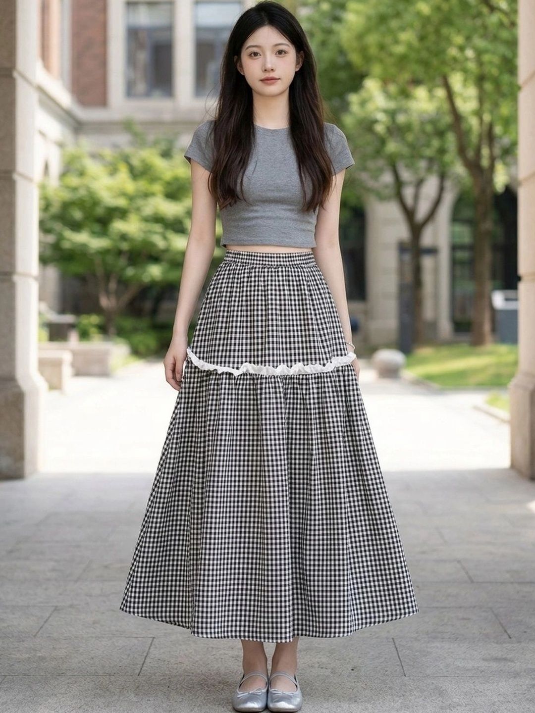 Suo Women Checked Tiered Maxi A-Line Skirt-picture-27