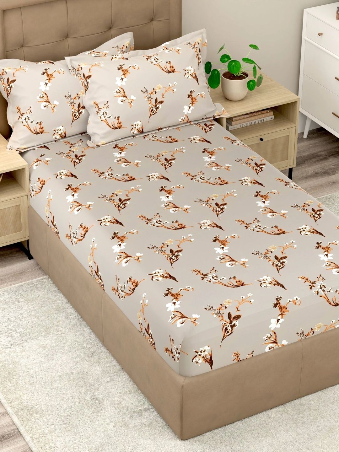 Pure Decor Taupe & Brown Floral 180 TC Single Bedsheet with 2 Pillow Covers-image-11