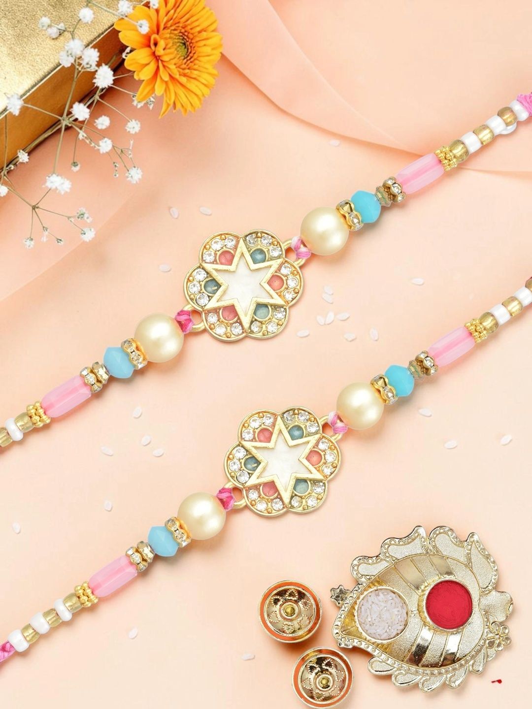 MEIRA JEWELLERY Set Of 2 Gold-Plated Rakhi Gift Set With Decorative Thaali & Greeting Card-image-5