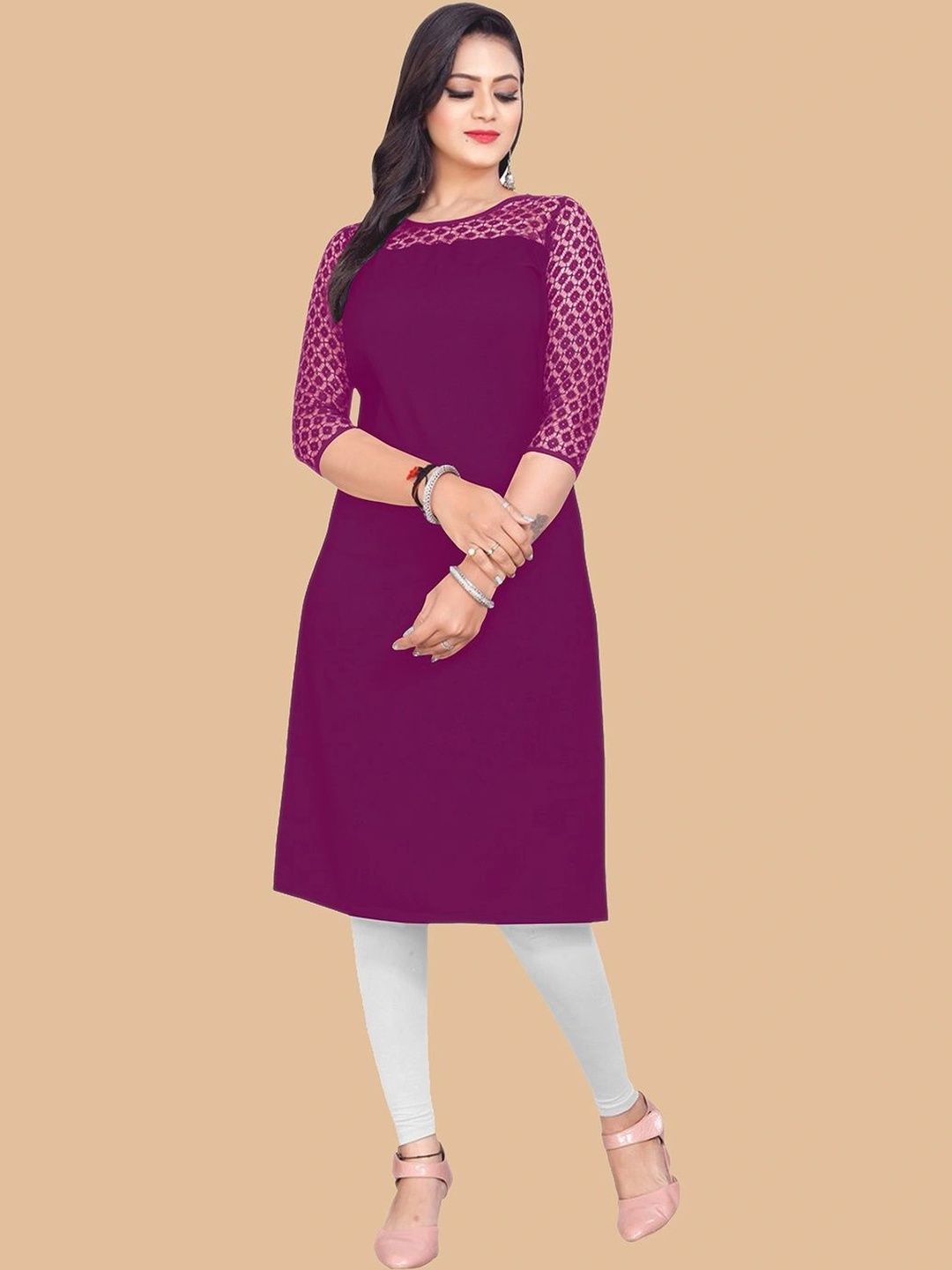 Maheshvi Woven Design Poly Georgette Three-Quarter Sleeves Kurti-picture-12