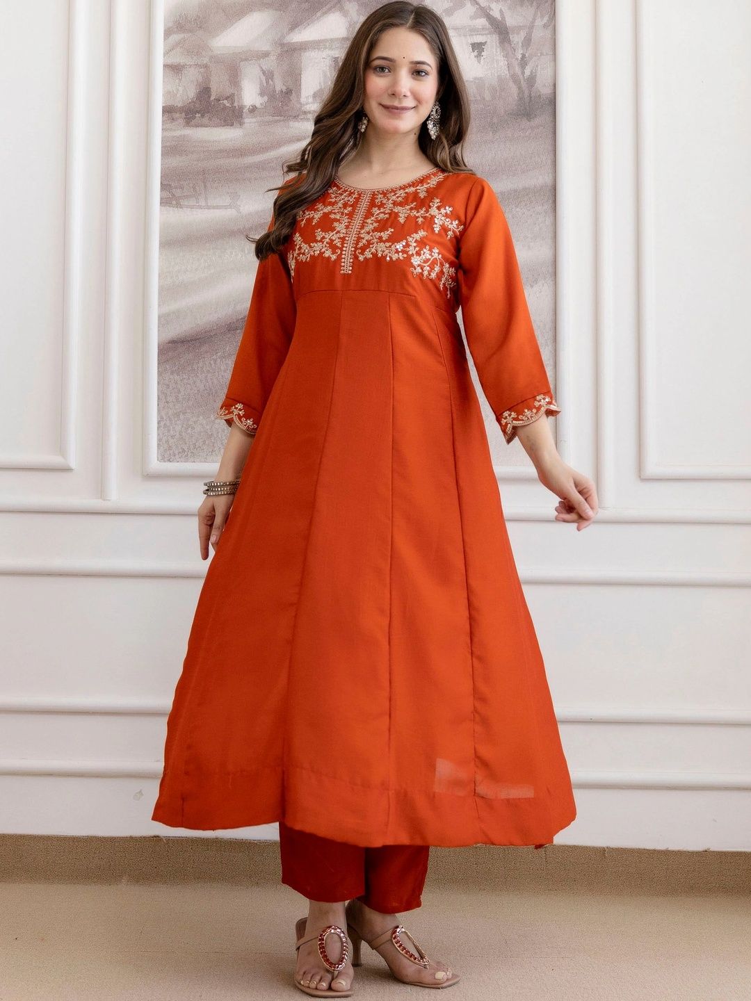GRINISH Ethnic Motifs Embroidered Sequinned Pure Cotton Sequinned Empire Anarkali Kurti-picture-19