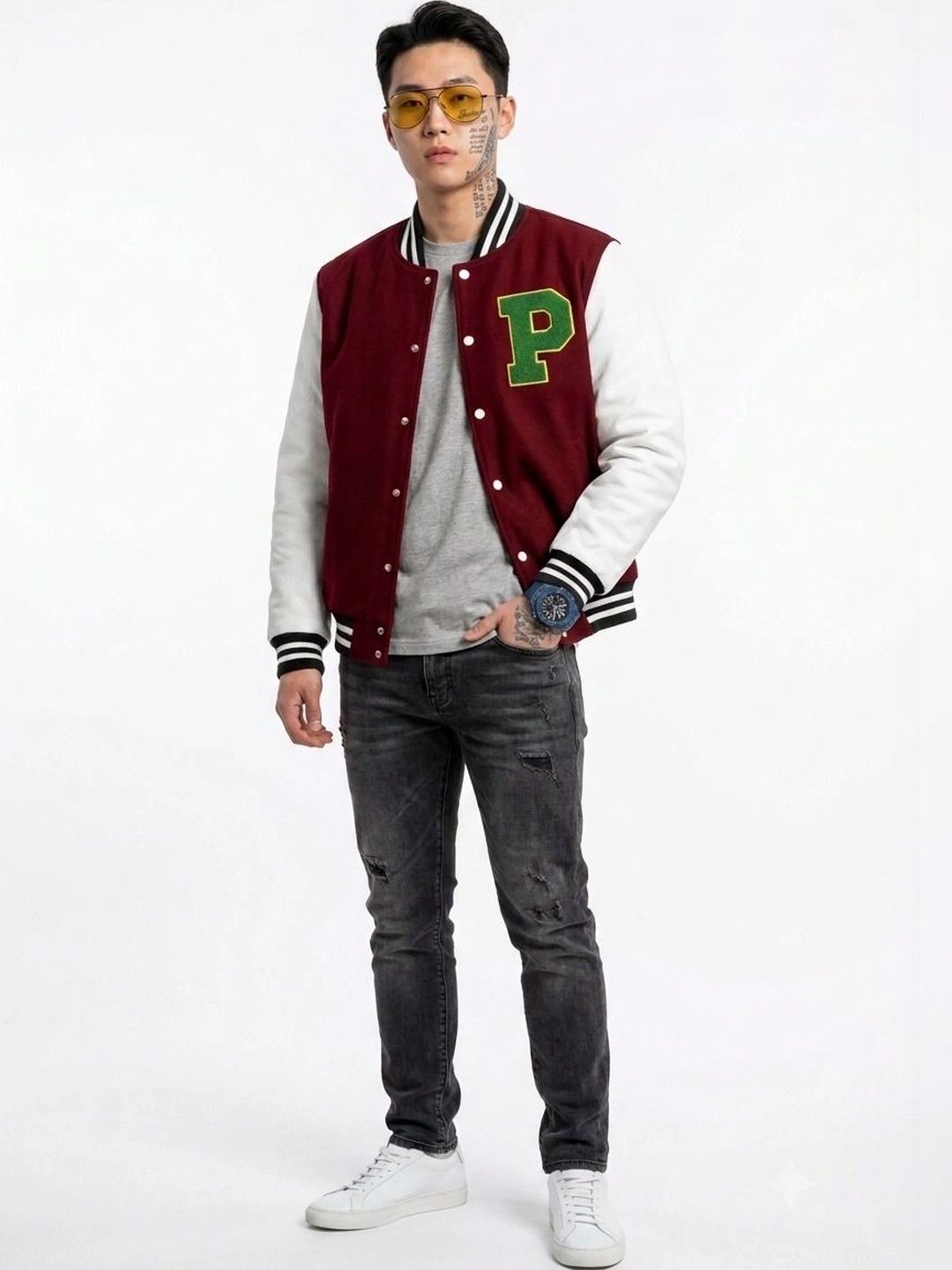 oiin Men Brand Logo Colourblocked Fleece Blend Varsity Jacket-picture-32