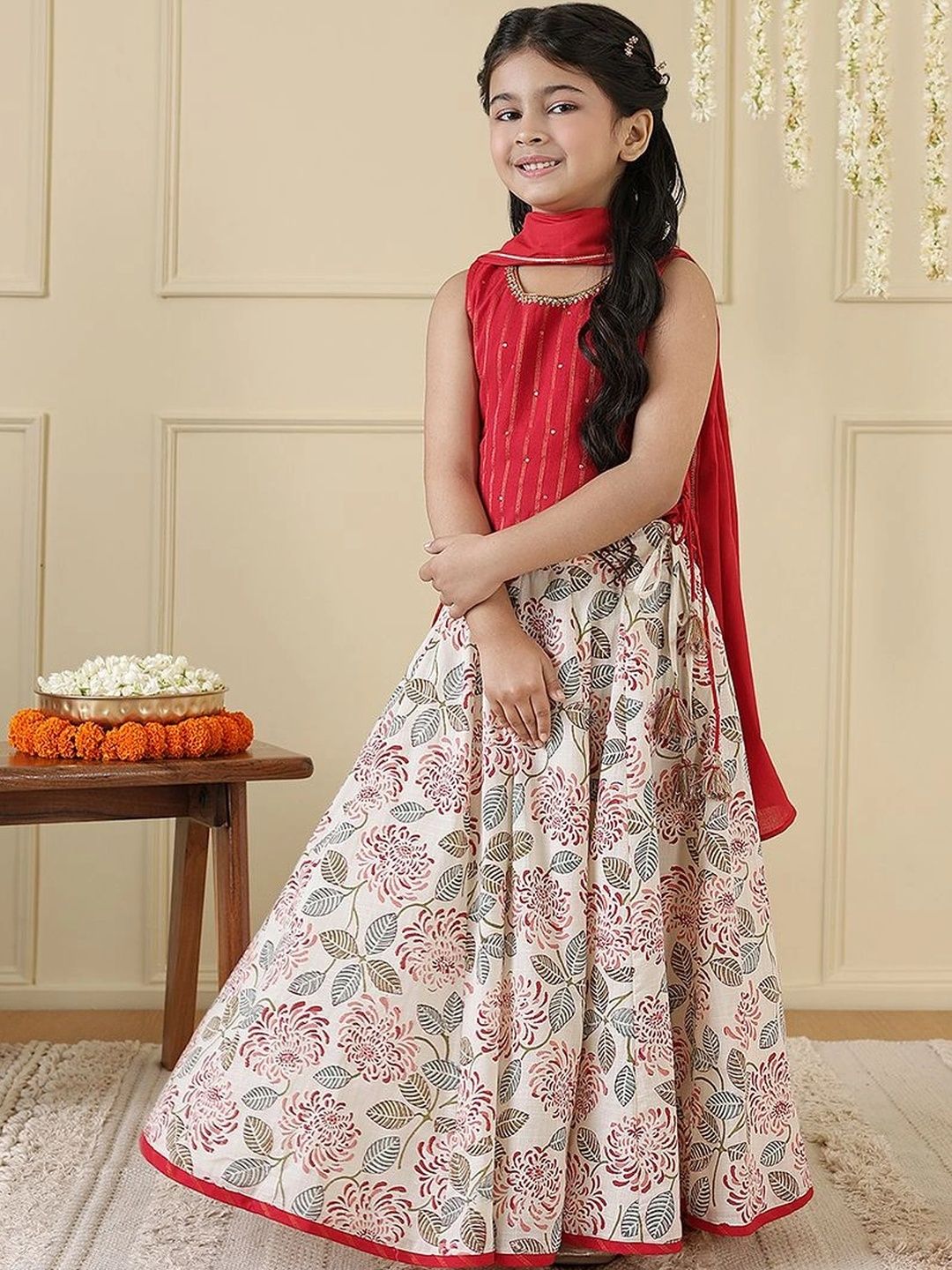 Fabindia Girls Embellished Beads and Stones Block Print Ready to Wear Lehenga & Blouse With Dupatta-picture-36