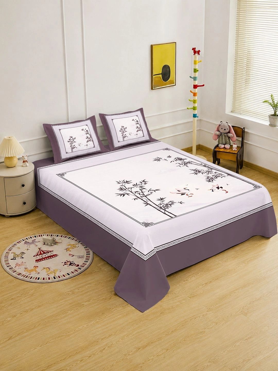 Myntra Elegant Homes White & Purple Floral 400 TC King Bedsheet with 2 Pillow Covers-picture-15