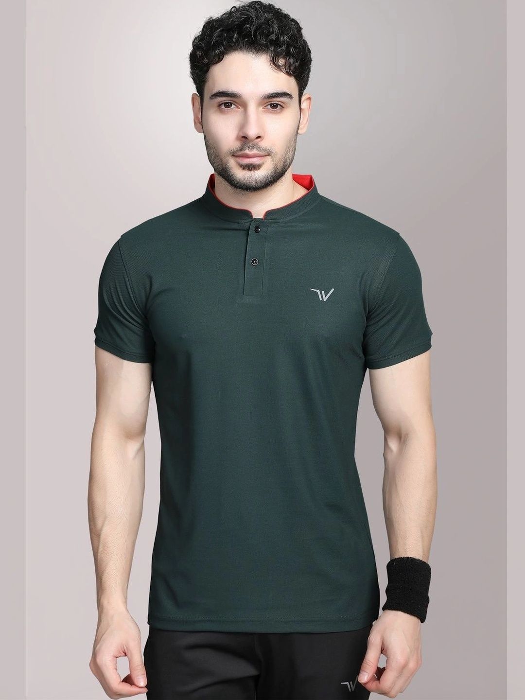 WEWOK Men Brand Logo Mandarin Collar Fusion T-shirt-image-47