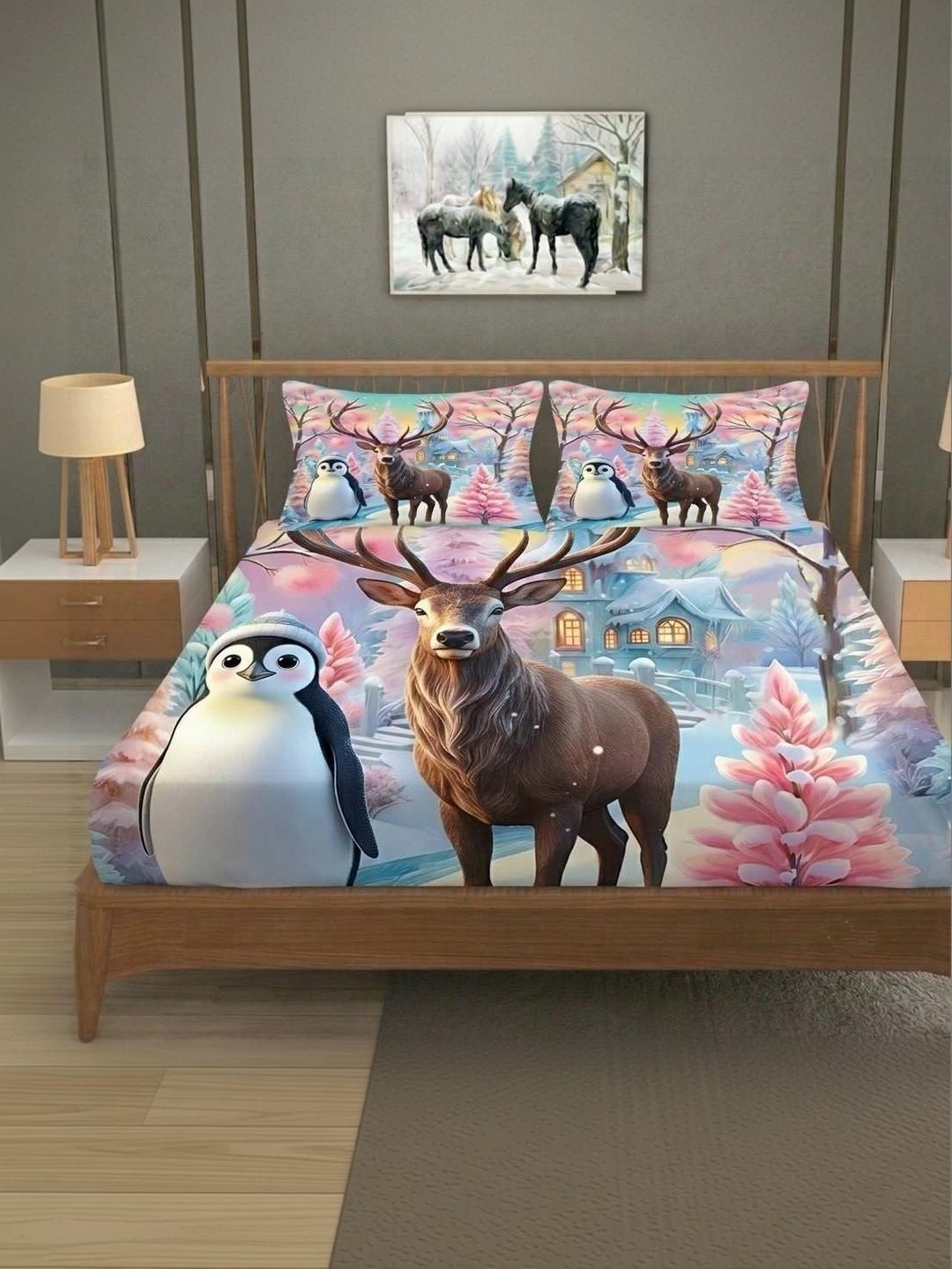 MAA HOME CONCEPT Pink & Blue Cartoon Characters 400 TC Bedsheet with 2 Pillow Covers-image-26