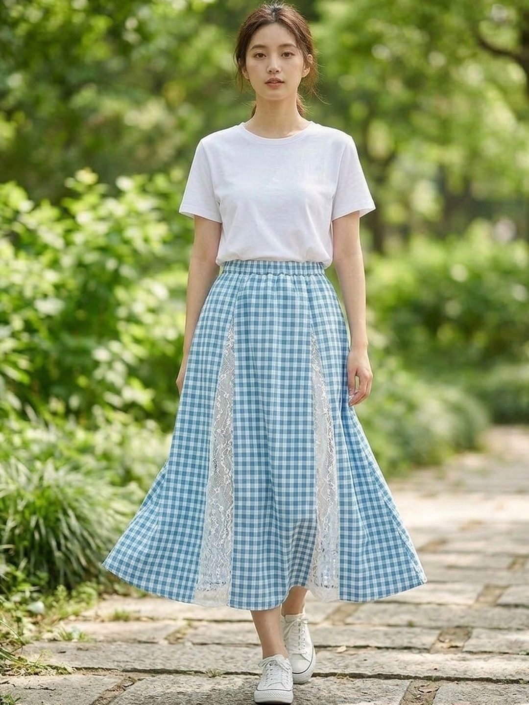 Suo Women Checked Summer Checks Midi A-Line Skirt-picture-28