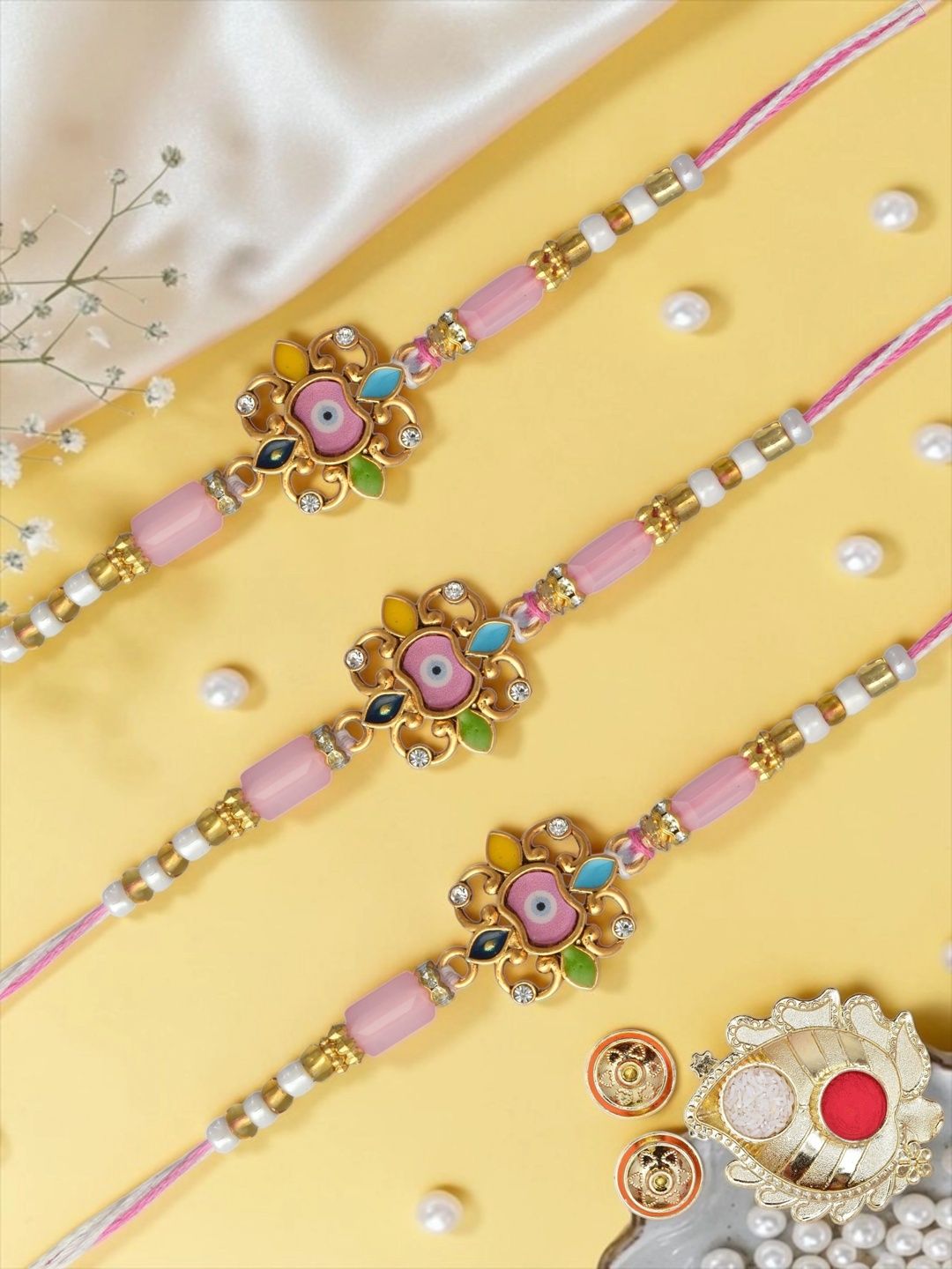MEIRA JEWELLERY Set Of 3 Gold-Plated Rakhi with Pooja Thali Roli Chawal & Greeting Card-picture-44