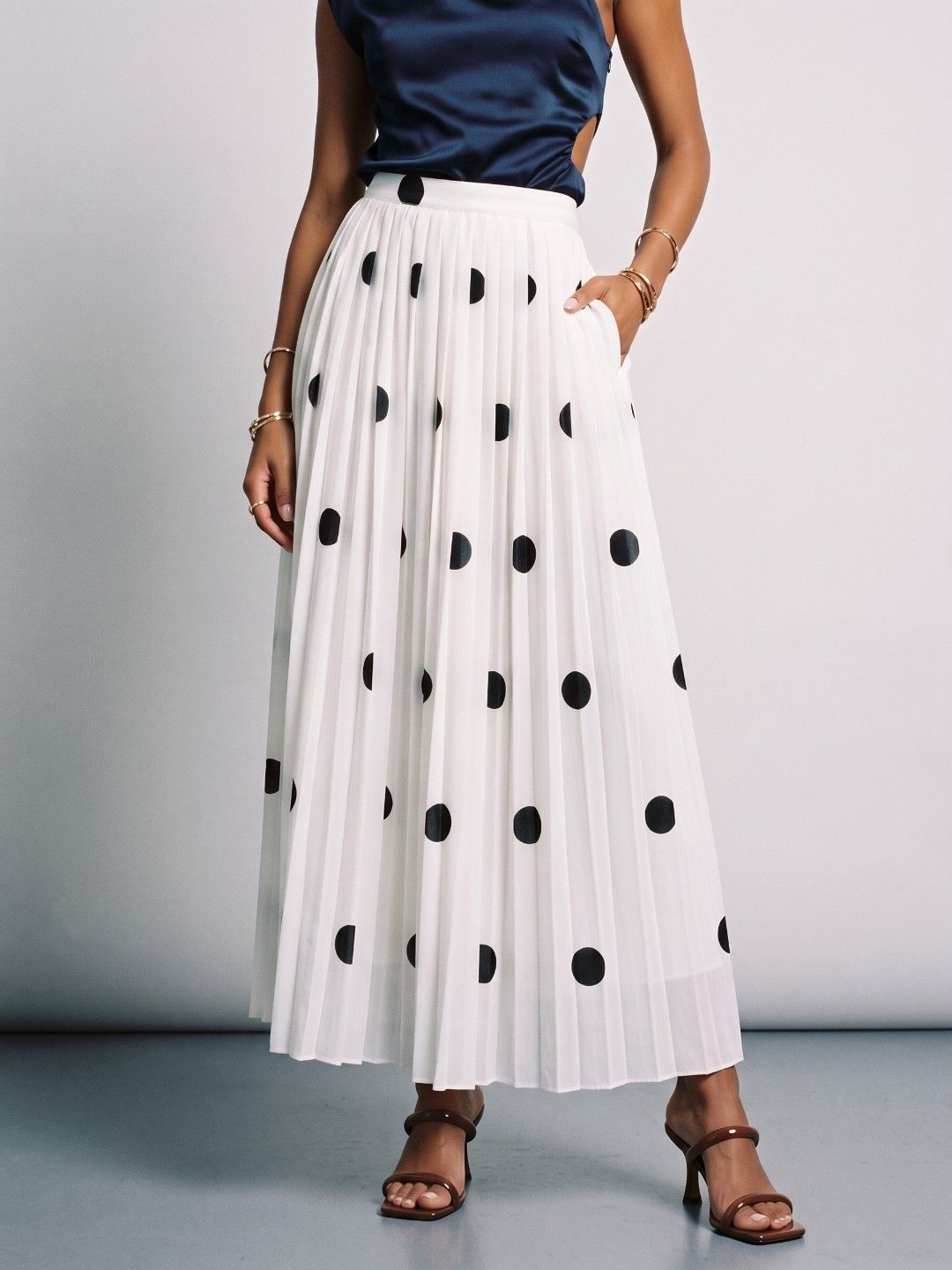 Phosphorus Women Polka Dots Printed Midi Flared Skirt-picture-26