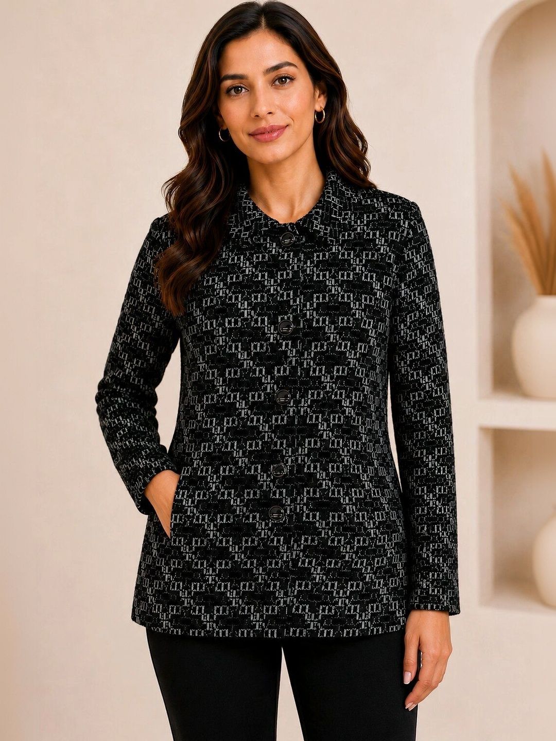 HIMYUG Self Design Woolen Round Neck Single Breasted Long Overcoat-picture-58