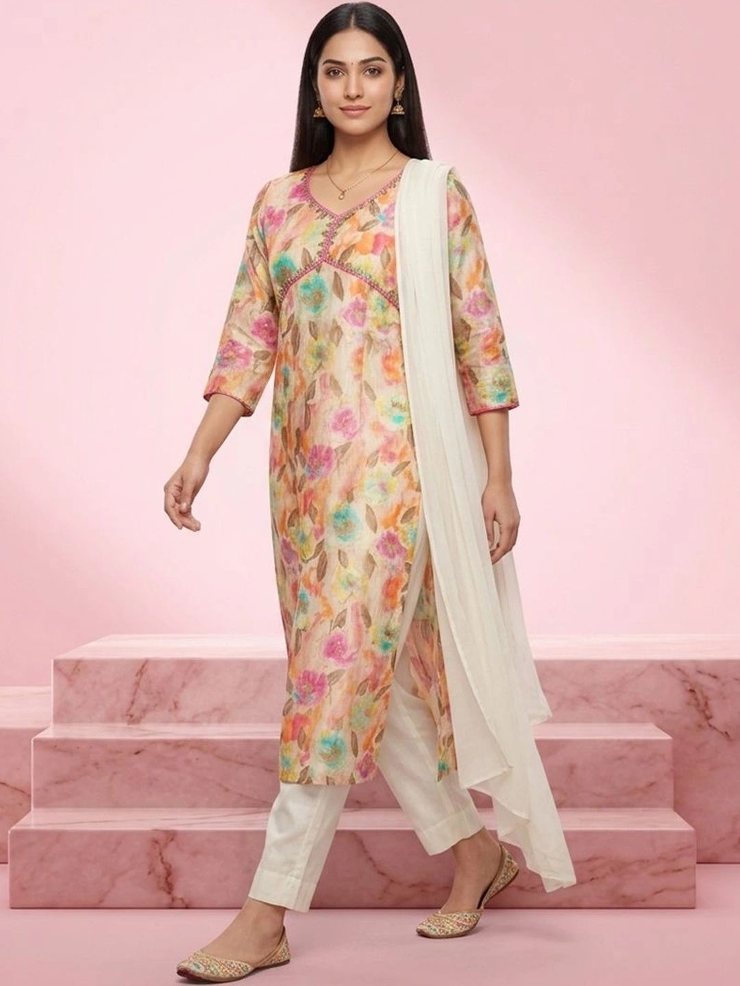 gokurtis Floral Printed V-Neck Thread Work Pure Cotton Blend Handloom Thread Work Angrakha Kurti-picture-46