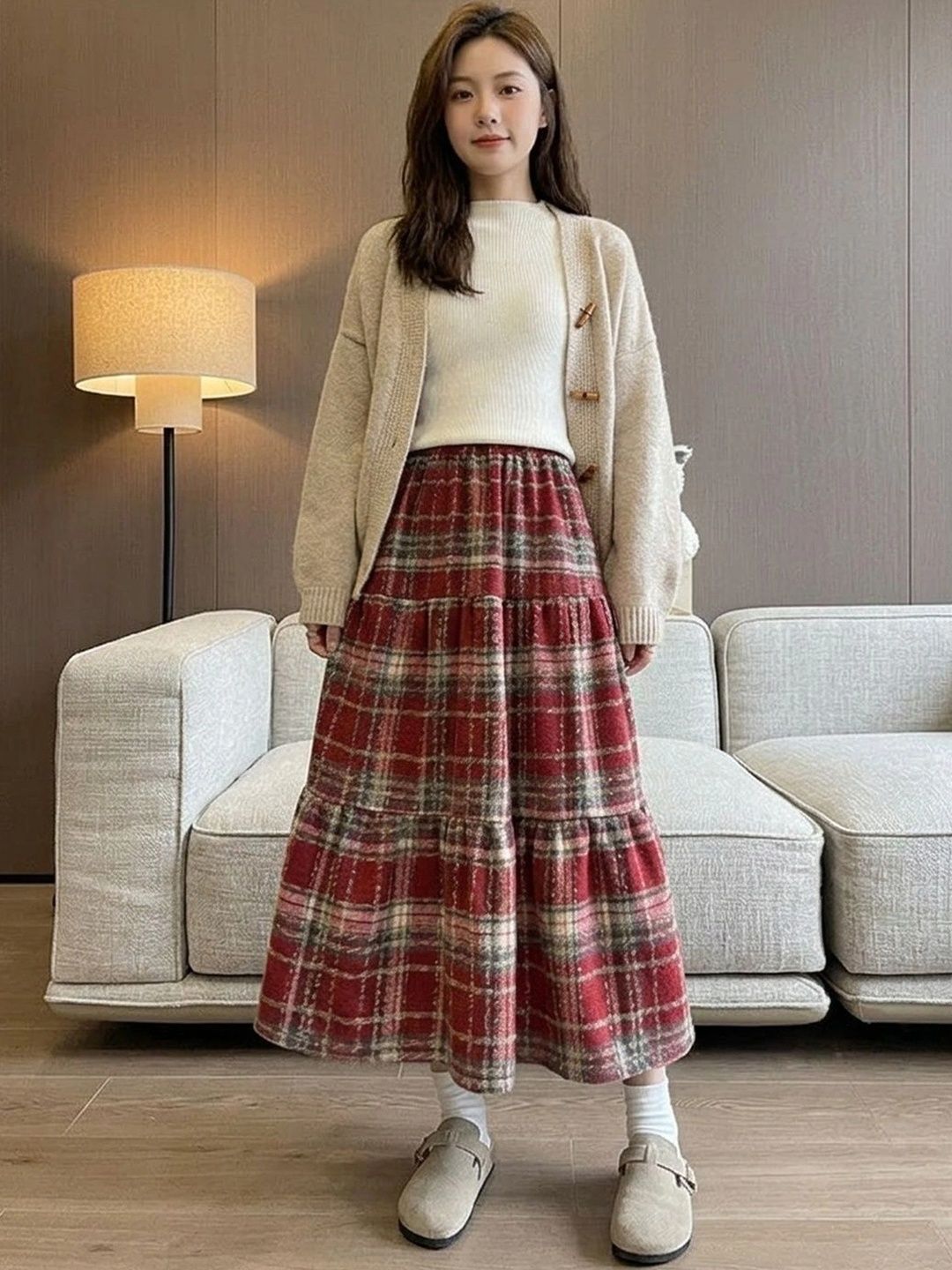 Suo Women Checked Tiered Maxi Tiered Skirt-picture-16