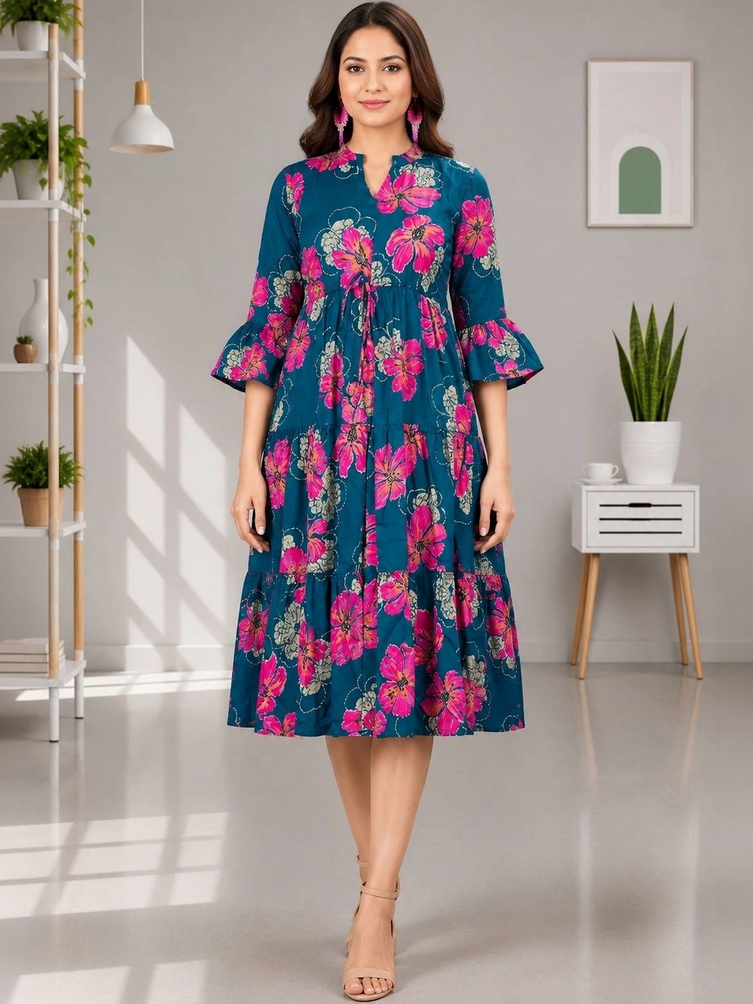 Moda Rapido Floral Print Bell Sleeve Crepe A-Line Midi Dress-picture-28