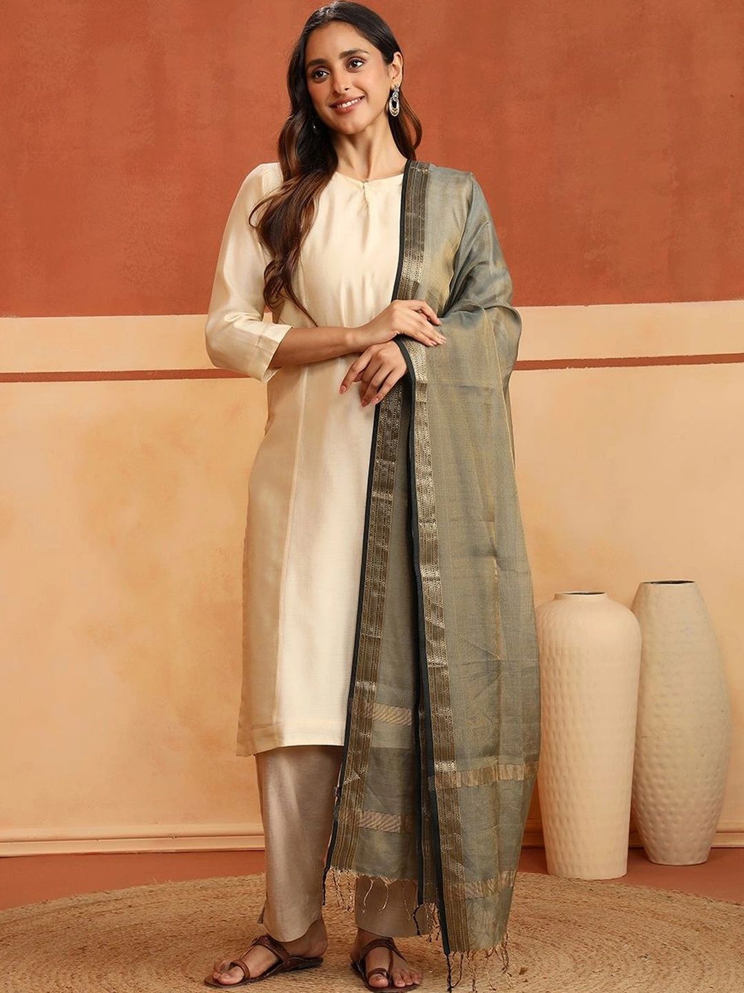 Fabindia Ethnic Motifs Woven Design Cotton Silk Blend Dupatta-picture-39