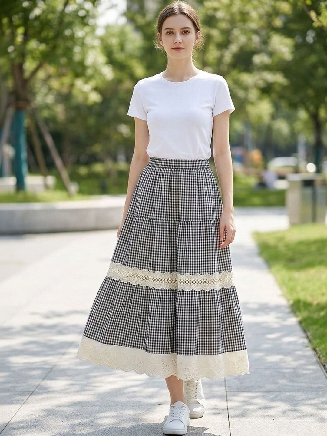 Suo Women Checked Tiered Midi Flared Skirt-picture-47