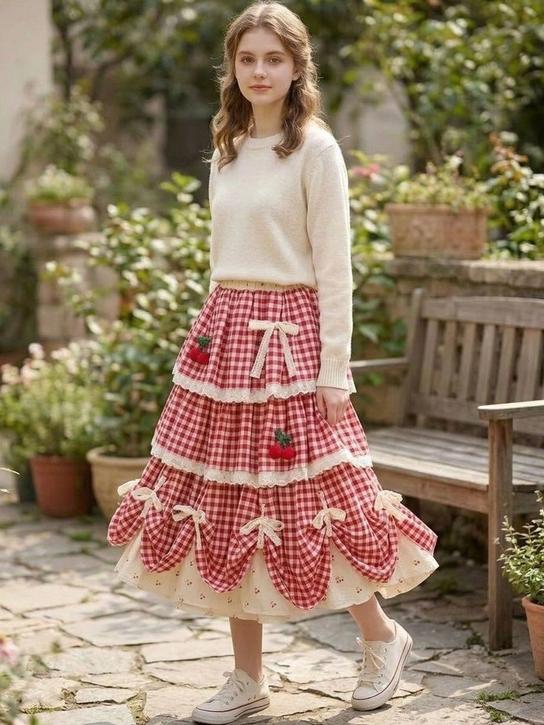 Suo Women Checked Frills Bows and Ruffles Midi Tiered Skirt-picture-29