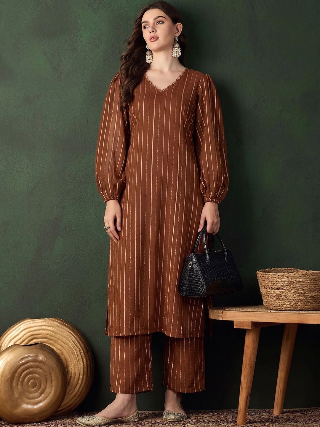 Sangria Women Regular Silk Crepe Kurta with Palazzos-picture-50